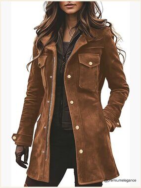 Women's Faux Suede Military Utility Jacket Midi Long Shacket Zip Up